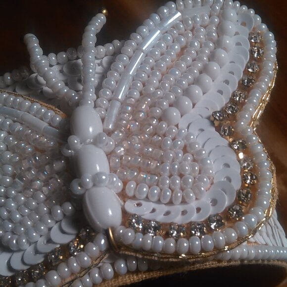 Handcrafted White Seed Bead And White Crystal Butterfly Cuff Bracelet - Picture 5 of 12